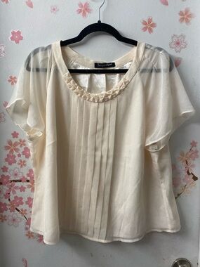 Jacques Vert Cream Pleated Short Sleeve Blouse with Embellished Neck